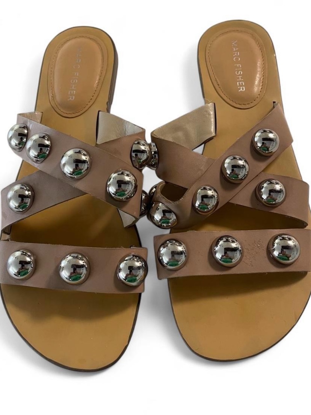 Marc Fisher Taupe Leather Slide Sandals with Silver Studs